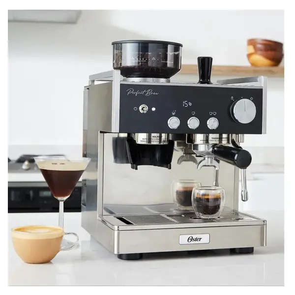 Cafetera Espresso Oster BVSTEM7400 053, 1380W, Molinillo integrado, Acero Inox