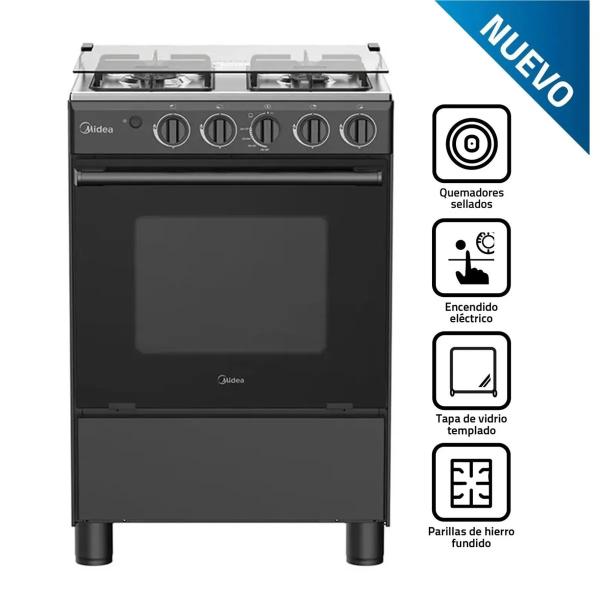 Midea MGS24FS2LFABBC-PE Cocina a Gas 4 Hornillas Horno Amplio Encendido Automático Negro