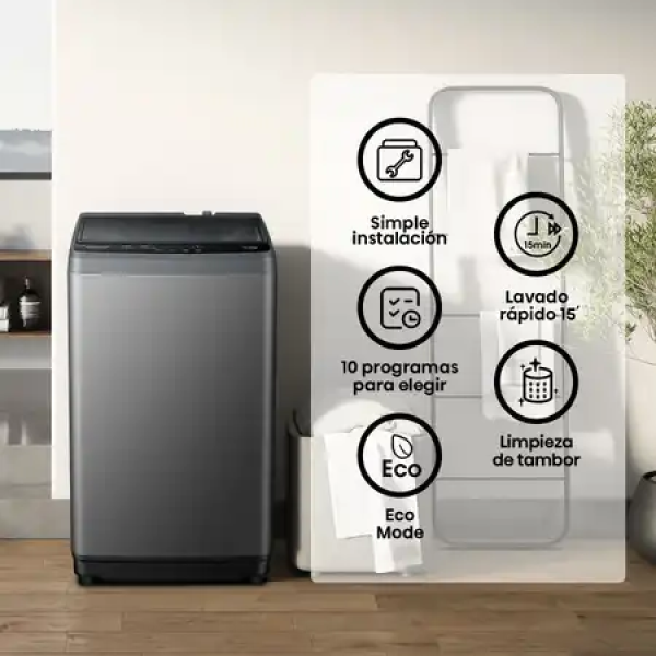 Hisense Lavadora WT1D1030UT 10.5Kg Top Load Tecnología Inverter Lavado Rápido Eficiencia Energética Gris