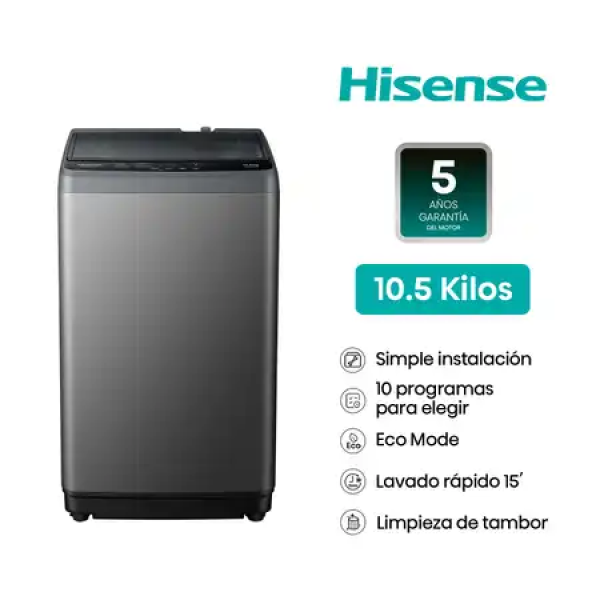 Hisense Lavadora WT1D1030UT 10.5Kg Top Load Tecnología Inverter Lavado Rápido Eficiencia Energética Gris