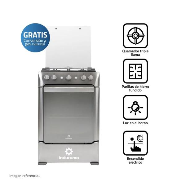 Indurama Granada Zafiro Gas 4 Hornillas Encendido Eléctrico Acero Inoxidable Luz Horno Croma