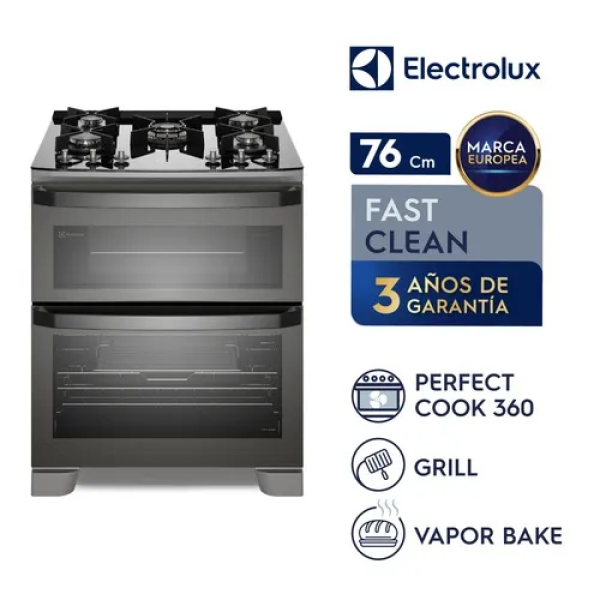 Cocina Electrolux FE5AD 76cm, 5 Hornillas, Doble Horno, Tecnología PerfectCook360, Gris