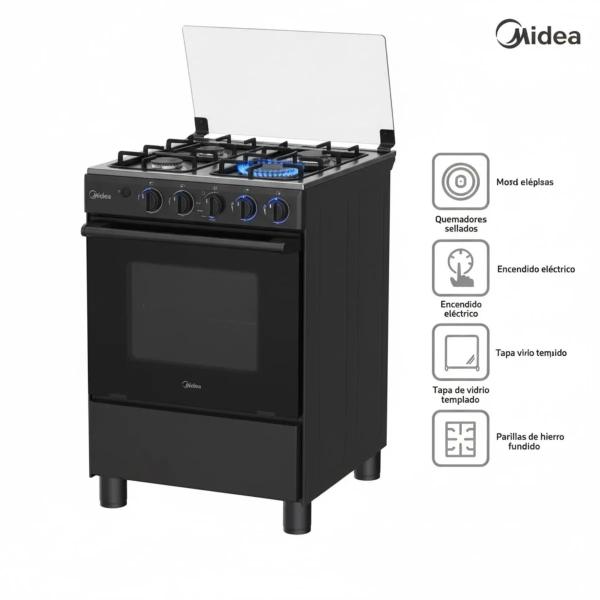 Midea MGS24FS2LFABBC-PE Cocina a Gas 4 Hornillas Horno Amplio Encendido Automático Negro