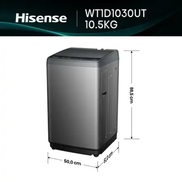 Hisense Lavadora WT1D1030UT 10.5Kg Top Load Tecnología Inverter Lavado Rápido Eficiencia Energética Gris