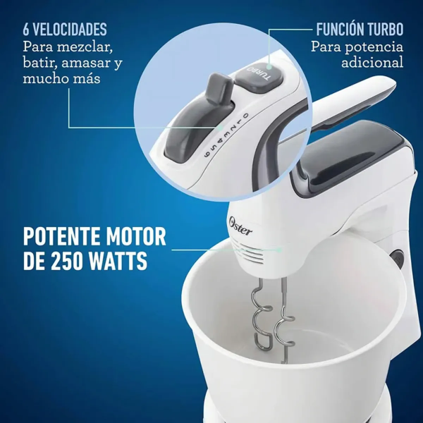 Batidora de Mano y Pedestal Oster FPSTHS3610, 250W, Tazón 3.7L, Blanco