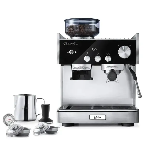 Cafetera Espresso Oster BVSTEM7400 053, 1380W, Molinillo integrado, Acero Inox