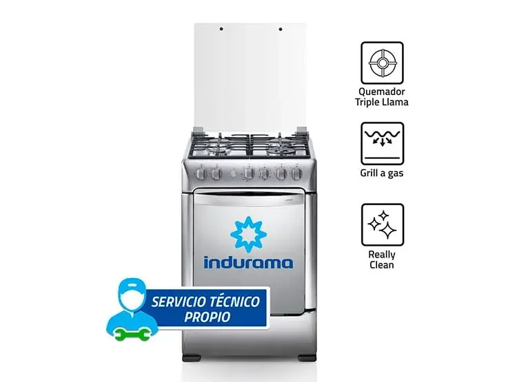 Indurama Florencia Zafiro Cocina a Gas 4 Hornillas Parrillas Enlozadas Panel Frontal Croma