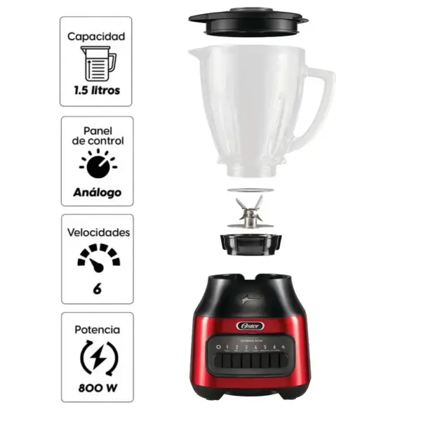 Oster BLSTPEG-CPB 800W Licuado Preciso Vaso Vidrio Resistente Control Total Rojo