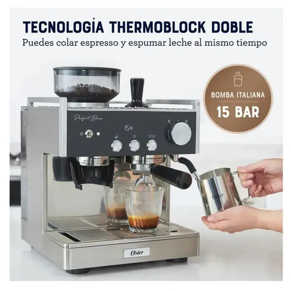 Cafetera Espresso Oster BVSTEM7400 053, 1380W, Molinillo integrado, Acero Inox