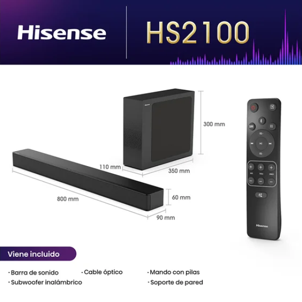 Hisense HS2100 240W Barra de Sonido Subwoofer Inalámbrico Bluetooth Surround Negro