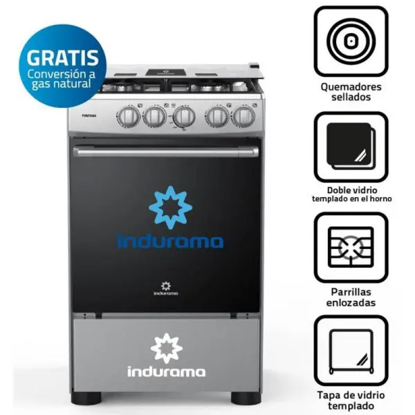 Indurama Fontana Cocina Gas 4 Quemadores Encendido Manual Vidrio Templado Gris