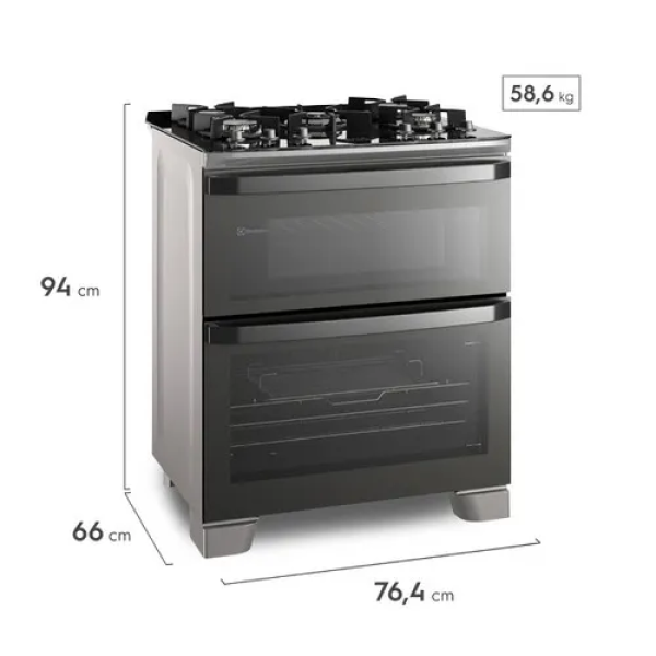 Cocina Electrolux FE5AD 76cm, 5 Hornillas, Doble Horno, Tecnología PerfectCook360, Gris