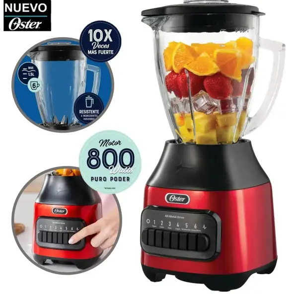 Oster BLSTPEG-CPB 800W Licuado Preciso Vaso Vidrio Resistente Control Total Rojo