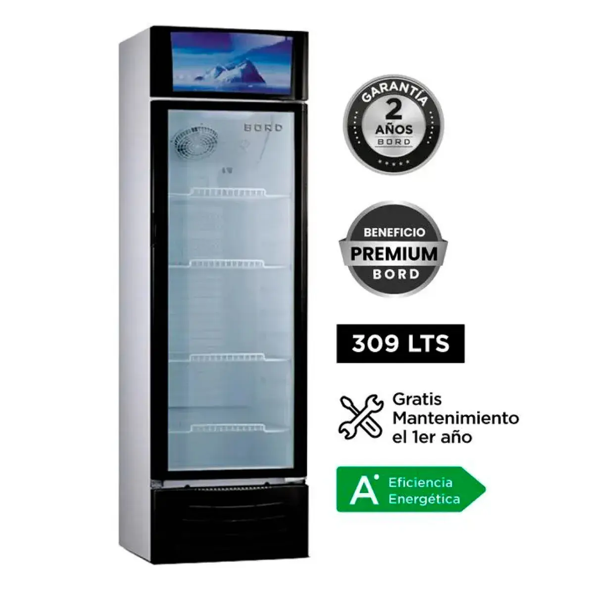 Bord EX309-M 309L Vitrina Exhibidora Refrigerada Puerta Vidrio Panorámico LED Blanco