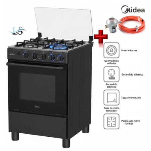 Midea MGS24FS2LFABBC-PE Cocina a Gas 4 Hornillas Horno Amplio Encendido Automático Negro