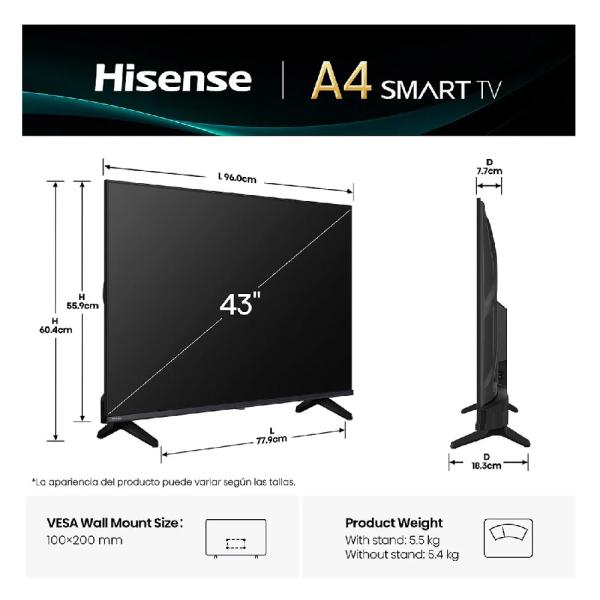 Hisense 43A4K 43" LED Smart TV Full HD 4K Ultra HD VIDAA Negro