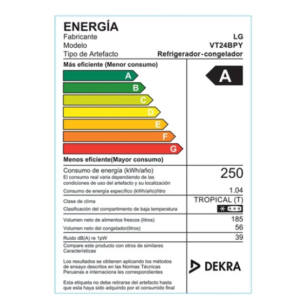 LG VT24BPY 241L Refrigeradora Top Freezer Smart Inverter Ahorro Energía Acero Inoxidable