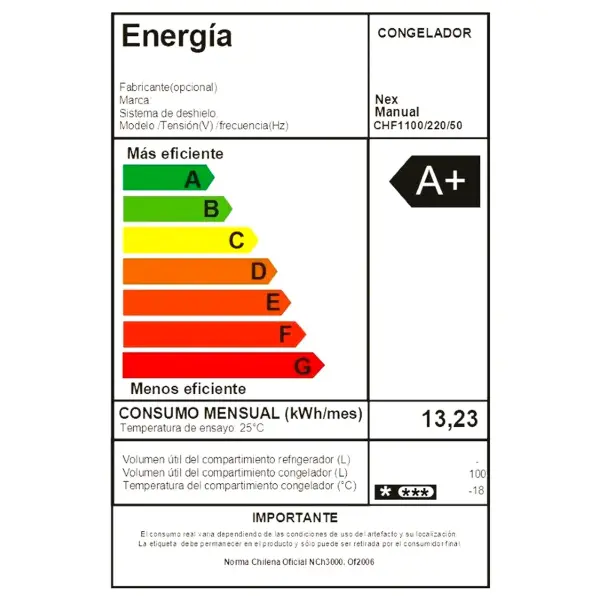 Nex Freezer Horizontal CHF1100 100 Litros Alta Eficiencia Conservación Prolongada Funcionamiento Silencioso Blanco